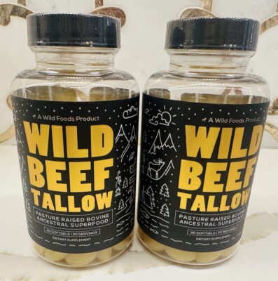 Wild Foods co. Wild Beef Tallow Capsules. 2 Bottles, 90 Capsules Each.