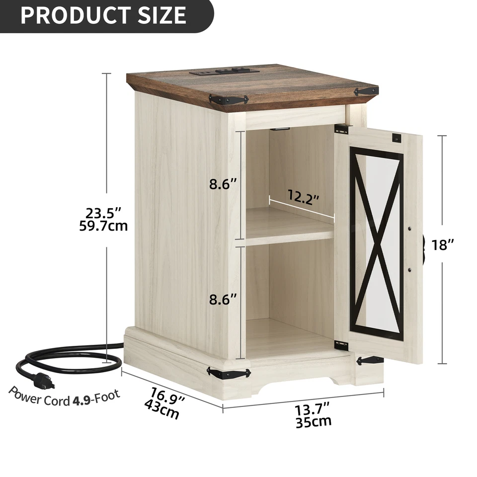 Farmhouse Sofa Side Bedside End Table Nightstand with LED Light Charging Station - Image 2 of 4