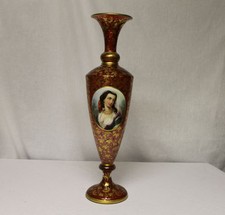 Tall Moser Attributed Cranberry Art Glass Medallion Portrait Vase
