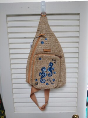 Vera Bradley Straw Sling Backpack Blue Seahorse Embroidery Vera Bradley Seahorse Of Course Blue Mini Sling Backpack  main image 3