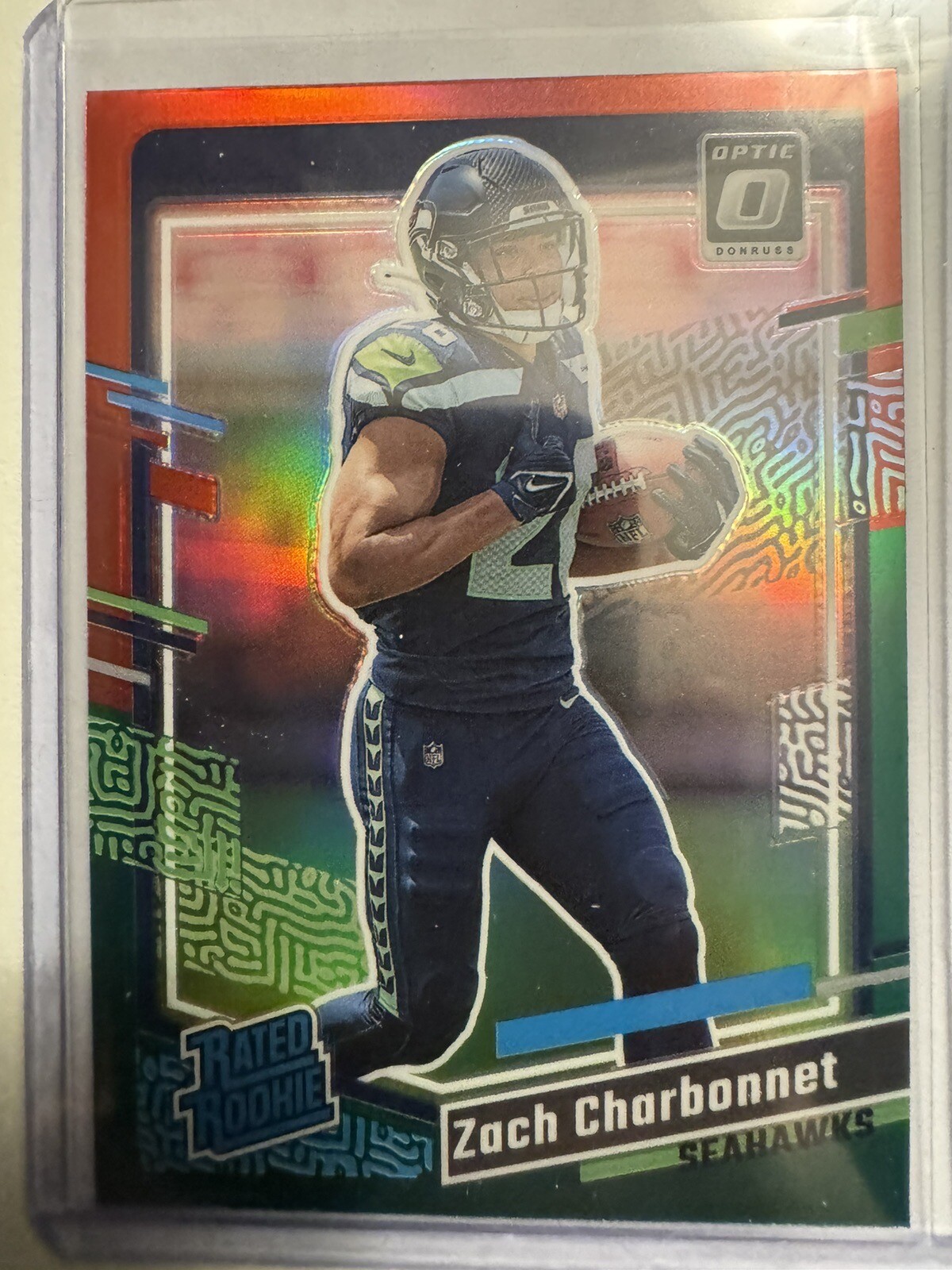 2023 Donruss Football Zach Charbonnet Rated Rookie Optic Preview Red Green SP