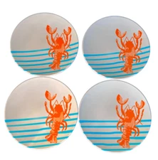 4-PIECE MELAMINE PLASTIC SET APPETIZER PLATES LOBSTER AQUA STRIPE DESIGN