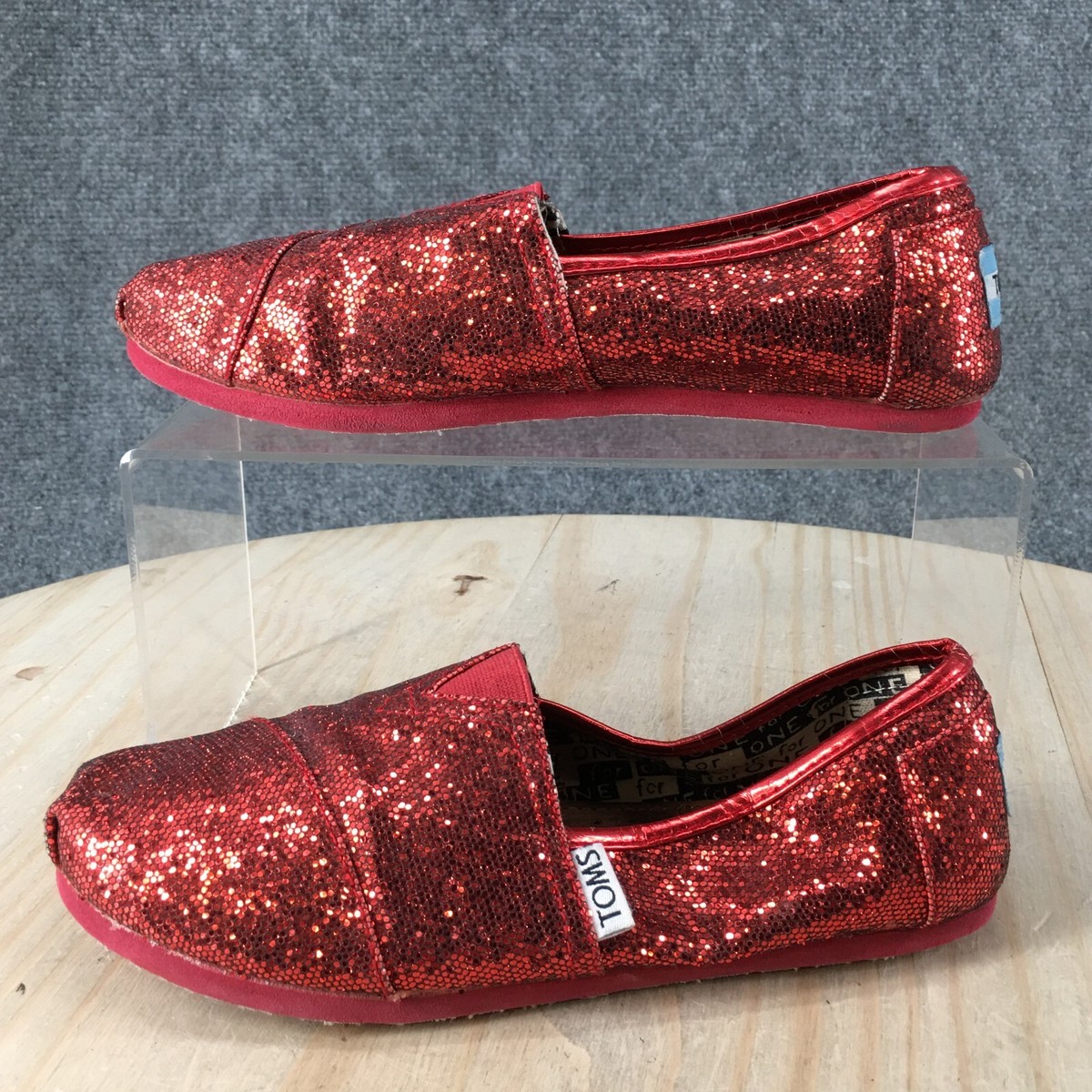 Toms Shoes Youth Classic Slip On Flats Glitter Comfort Red Canvas Casual