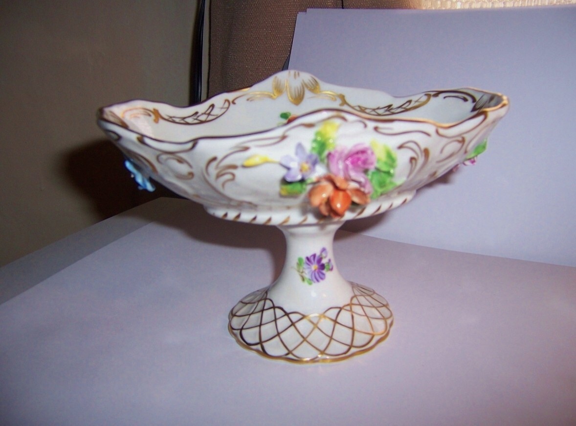 Vintage Dresden Porcelain Pedestal Compote Bowl flowers applied pretty