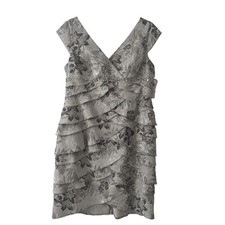 Alex Evenings Layered Dress Women's 16 Petite Silver Floral Rhinestones Elegant