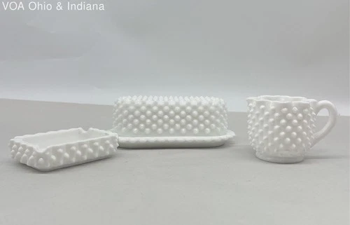 Milk Glass Hobnail 3 Piece Lot Butter Dish Creamer Dish Vintage