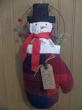 Primitive Handmade Snowman and Faux Pine Greenery In Large Mitten