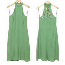 Vintage Green Silk Bias Cut Midi Dress Halter Beaded Shell Chain Back Size 6 Y2K