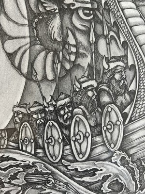 Signed Original Dan Thompson 1999 Viking Longship Sea Serpent Pencil Drawing