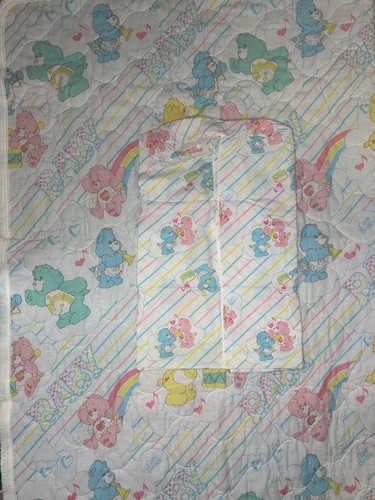 VTG 1984 Care Bears Crib Set Quilt & Fitted Sheet Blue Pink 'BABY' Vintage RARE