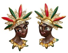 Corocraft Coro Sterling BOOK PIECE Josephine Baker Enamel Unsigned Earrings   