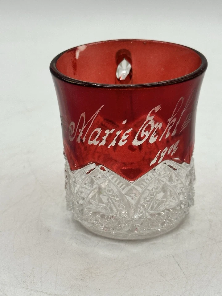 Antique Ruby Red Flash Etched Glass Demitasse Handled Cup Marie Eckl 1909 - Image 2 of 4