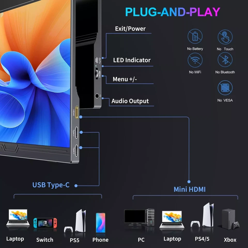 Portable Monitor 15.6 Zoll Tragbarer Mobiler Monitor FHD 1920x1080 HDR - Bild 3 von 4