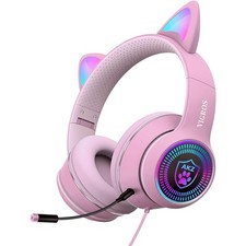 Cat Ear Gaming Headphones Wired AUX 3.5mm with LED Light, Universal, Pink