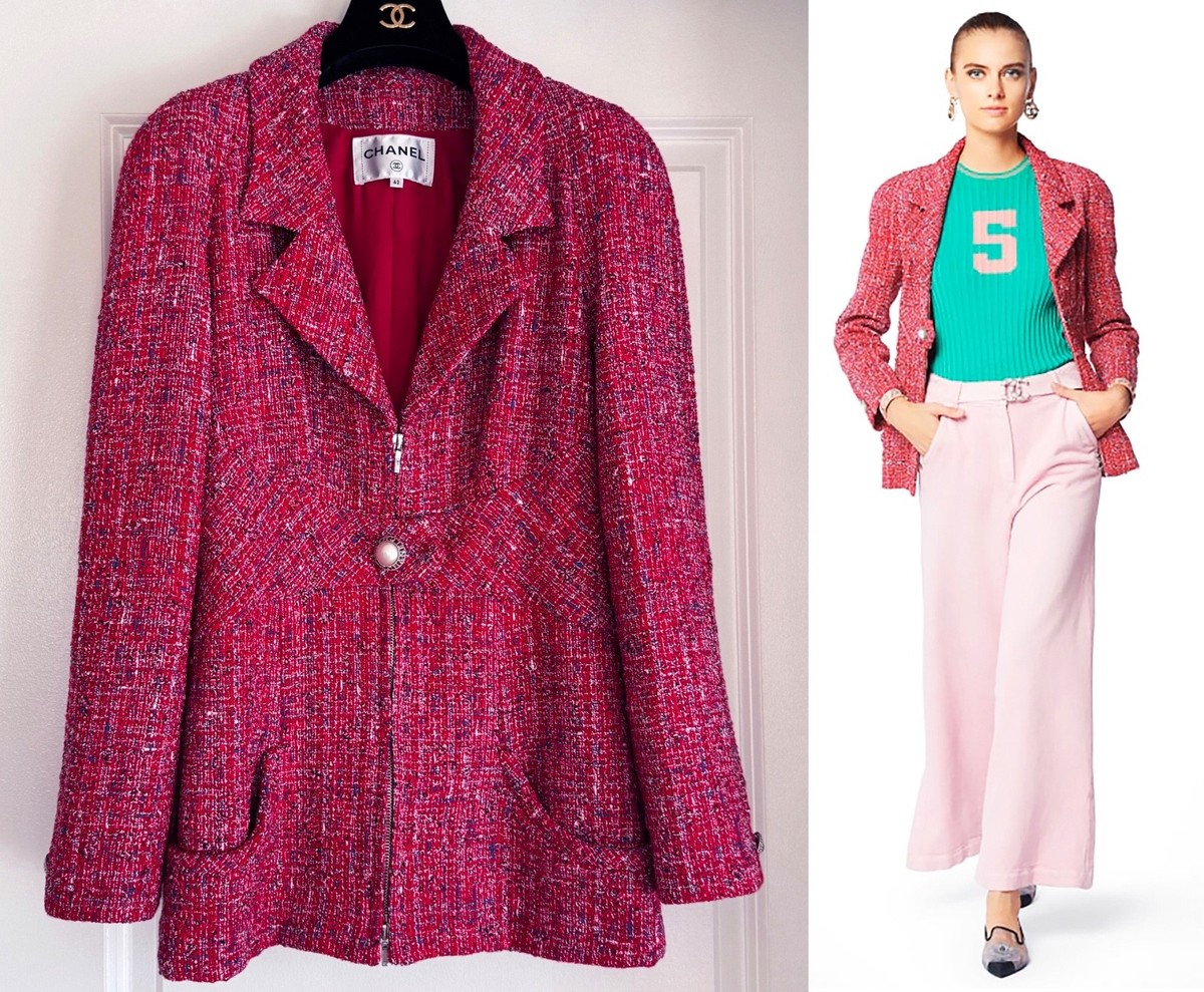 CHANEL 19P RED NAVY BLUE WHITE TWEED PEARL CC BUTTONS JACKET 42 | eBay