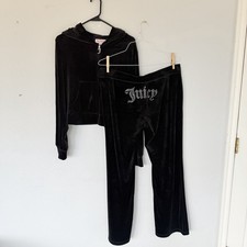 Juicy Couture Tracksuit Womens XL Black OG Big Bling Velour Y2K Hoodie Pants