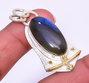 Authentic Labradorite Gemstone 925 Sterling Silver Two Tone Gold Plated Pendant 1.76" A338