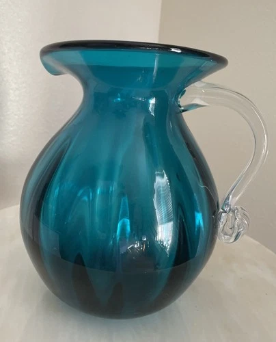 Blenko Hand Blown Glass Pitcher Blue Teal  8 1/2" Tall - Signed and Dated