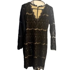 Amanda Uprichard Black Lace V-Neck Sheath Dress Long Sleeve Nude Lining Medium