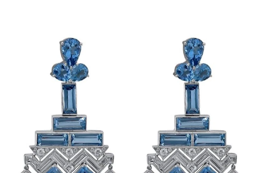 Pendientes clásicos Art Deco de aguamarina y diamantes de 2,89 quilates vivos creados en laboratorio de 26,19 quilates Foto 3 de 4