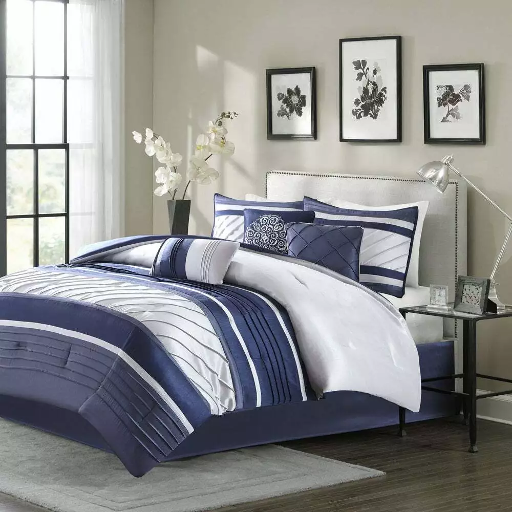NEW MODERN CHIC BLUE NAVY WHITE GREY PINTUCK STRIPE COMFORTER