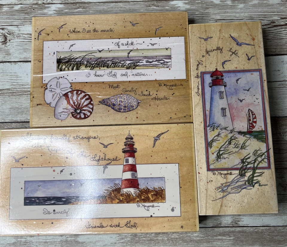 Lot of 3 Large D. Morgan Ocean Beach Lighthouse (1990's) Wood Rubber Stamp VTG - Image 2 of 4