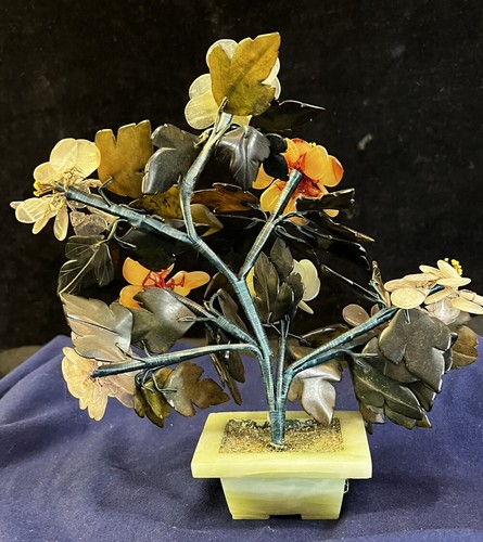 Chinese Tree of Life Bonsai Floral Mid Century Modern Jade Rose Quartz Agate 10" - Picture 4 of 7