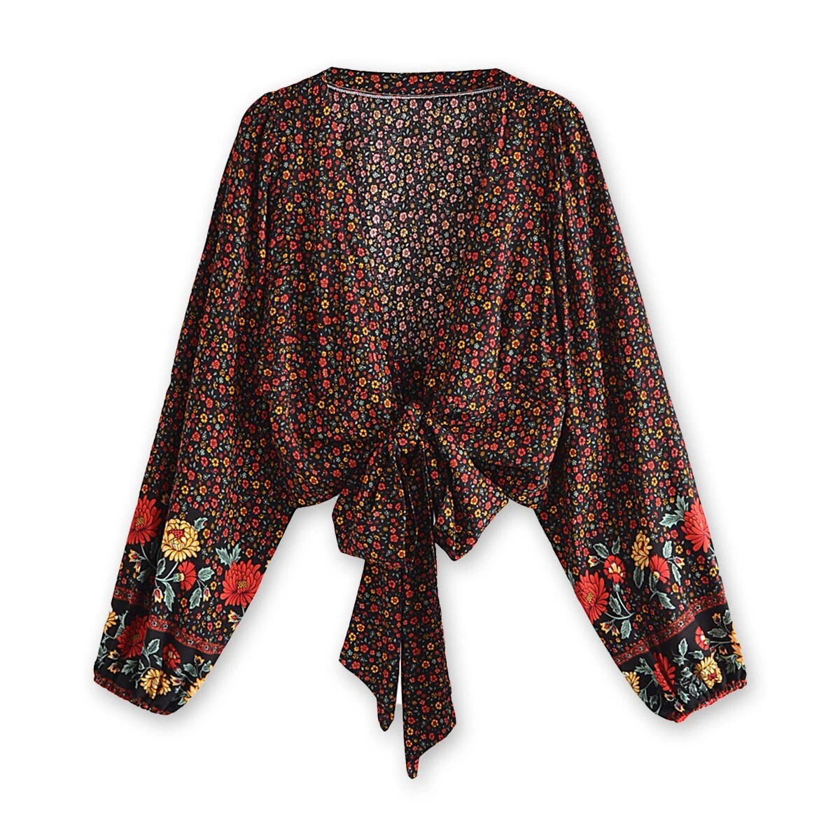 Midnight Garden Boho Floral Print Long Sleeve Crop Top, Beach Coverup, Blouse