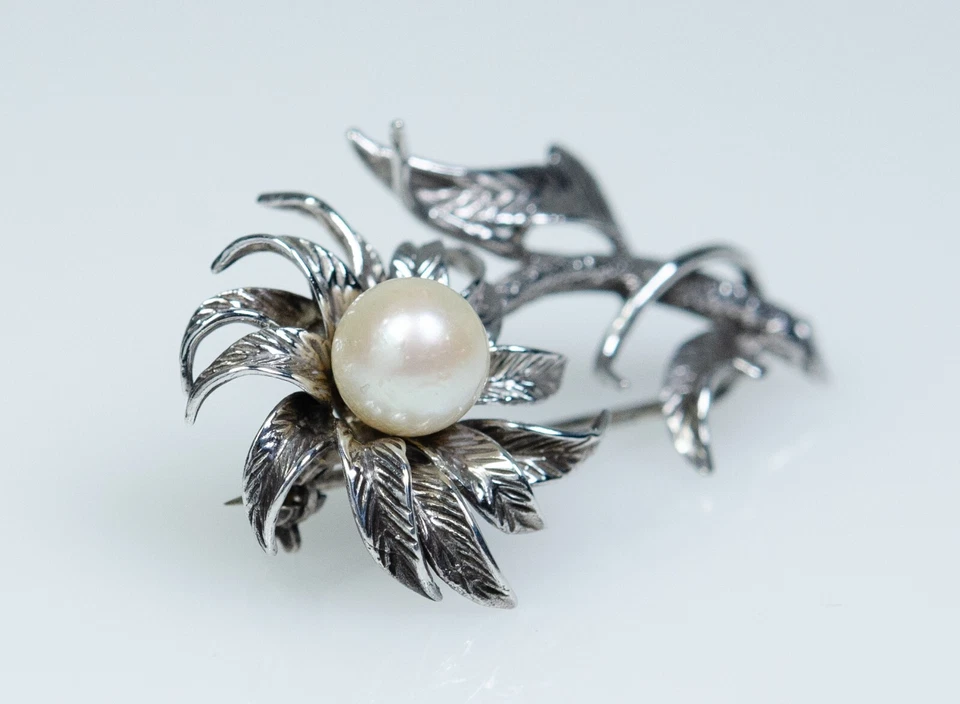 925 Argento - Spilla Vintage - Ø 8 Mm Perla Akoya - Immagine 3 di 4