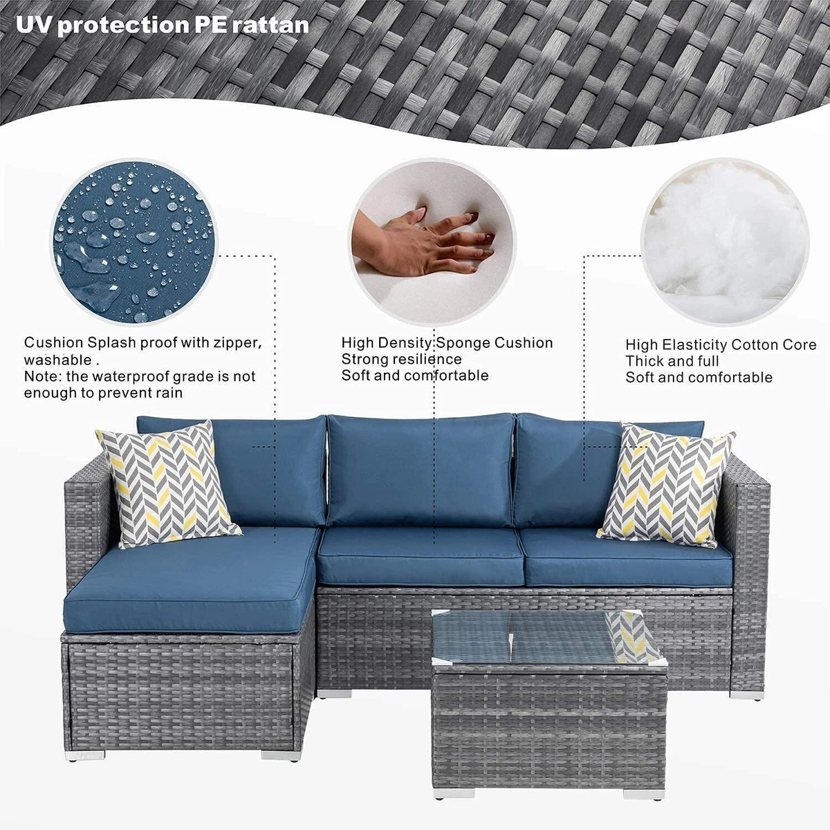 Walsunny 3 Piece Blue Outdoor Furniture Patio Set with gray ratten