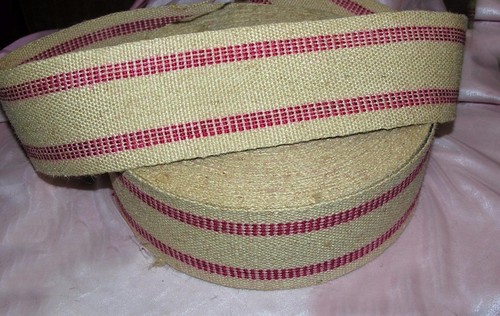 3 YARDS VTG 1980'S WIDE STIFF BURLAP JUTE RED ACCENTED RIBBON, CRAFTS, WREATHS