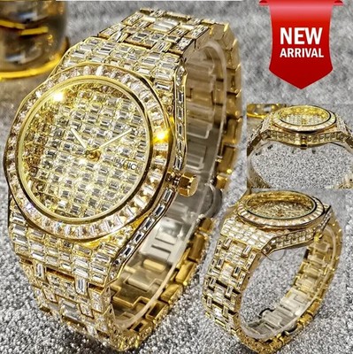 Hip Hop Luxury Men's Bling King Ice out Watch Iced Quartz Cz Diamond Waterproof