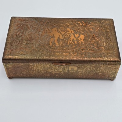 Vintage Brass Box India Elephants   Messing Schatulle  Schmuckdose