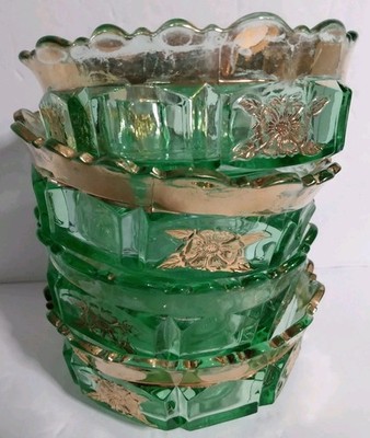 4 Green Glass Bowls Scalloped Edge Gold Faded Paint Rose Design 4.5'' Dia 2'' Tall