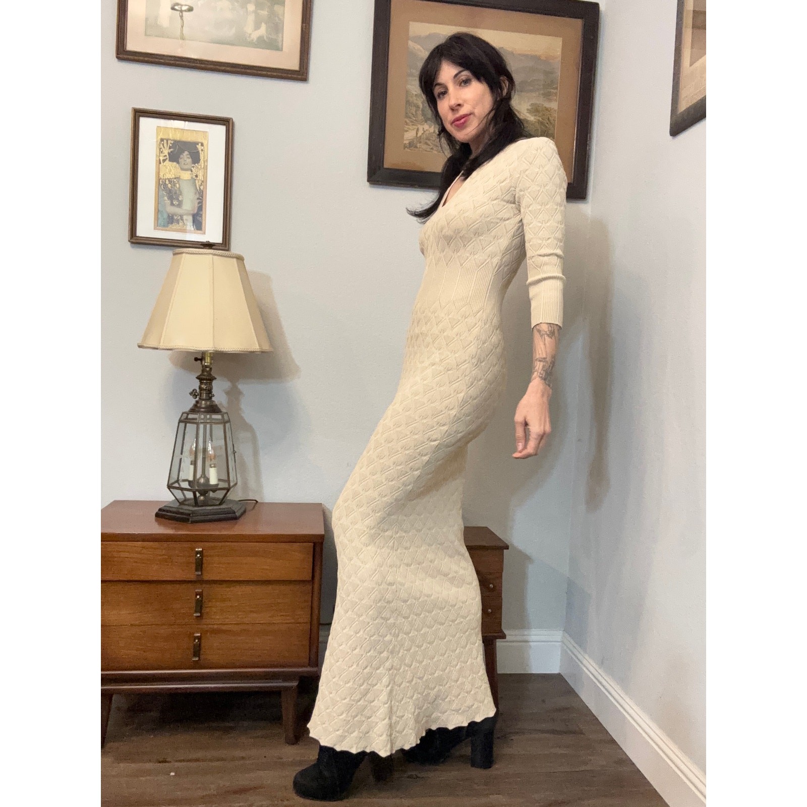 Alexander McQueen long ribbed leaf knit gown cream dress 2014 designer fitted image 4