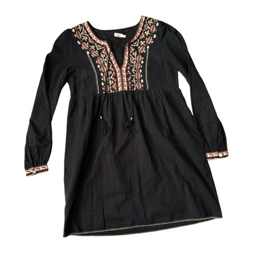 Faherty Tula Boho Embroidered Cotton Linen Tunic Dress | Black | XS | eBay