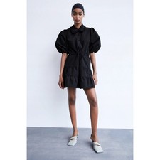 ZARA Black Balloon Sleeve Ruffle Collar Button Mini Fit & Flare Shirt Dress XS