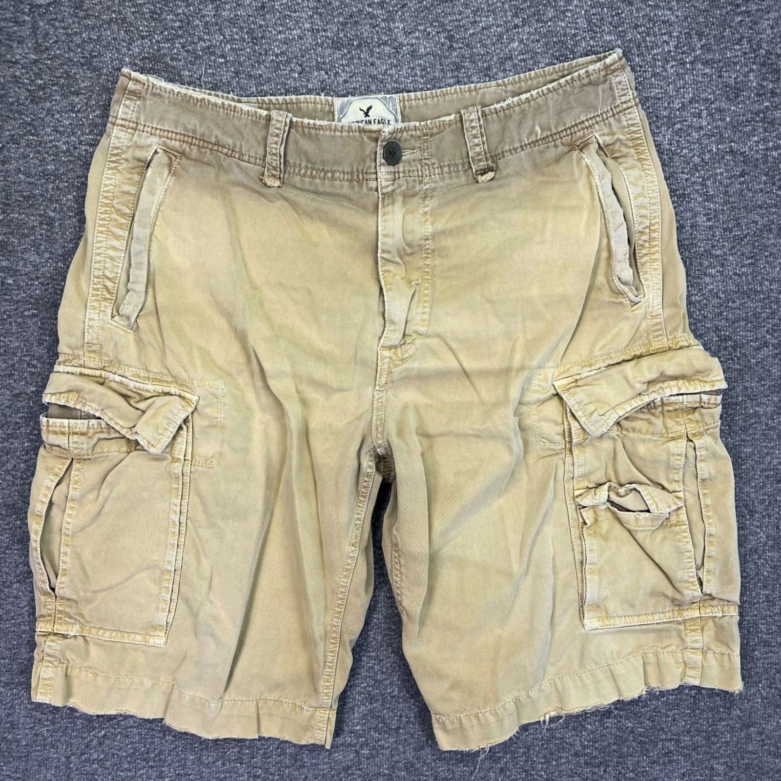 American Eagle Cargo Shorts Mens 36x12 Khaki Tan Rugged Distressed AE3 Field Y2K