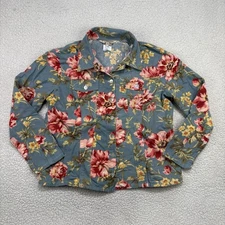 Vintage Norm Thompson Floral Chambray Denim Jacket M 100% Cotton Lightweight USA