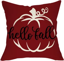 Hello Fall Pumpkin Throw Pillow Cover, 18 X 18 Dark Red Autumn Cushion Case, Sea