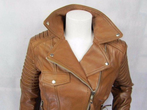 Image Linda Women's Tan Napa Leather Slim Fitted Pockets Short Biker Jacket - Picture 5 of 12