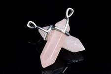 2 Pcs 30x8MM Rose Quartz Hexagonal Pointed Pendant Grade AAA Silver Plated Cap