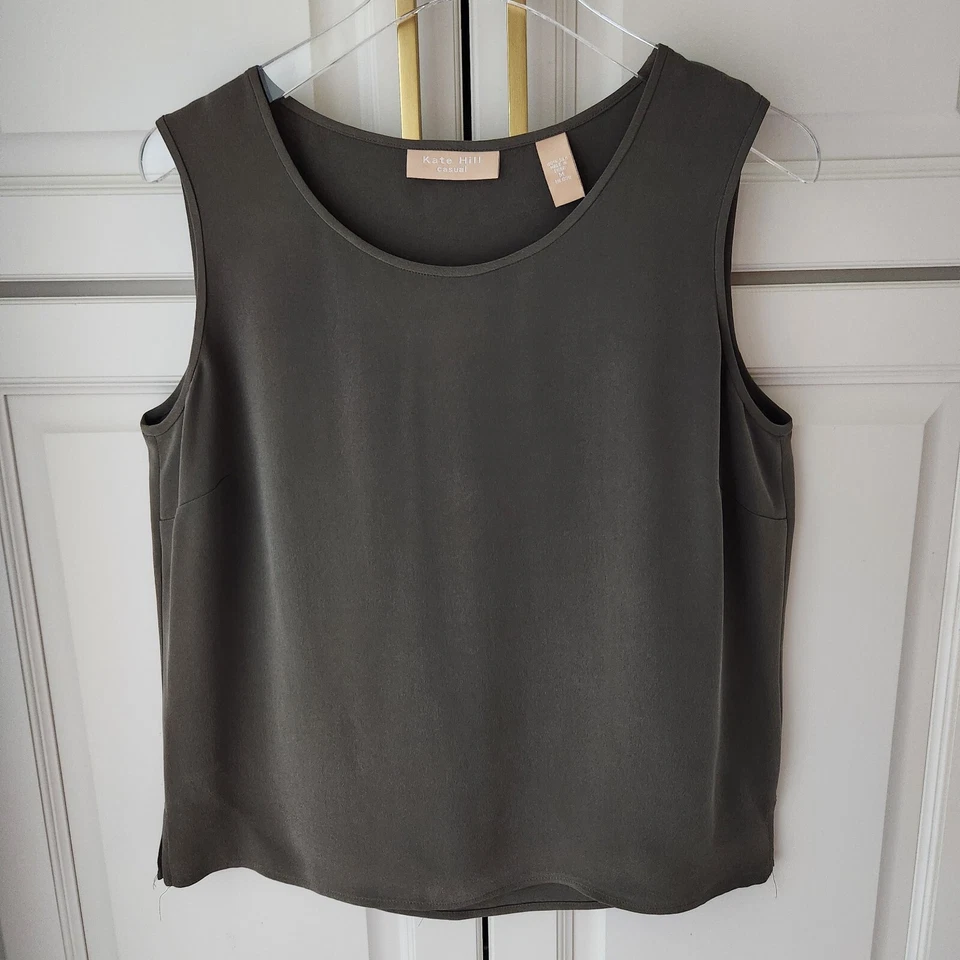 Kate Hill Casual 100% Silk Tank Size M Gray Green Round Neck Sleeveless Blouse - Image 2 of 4
