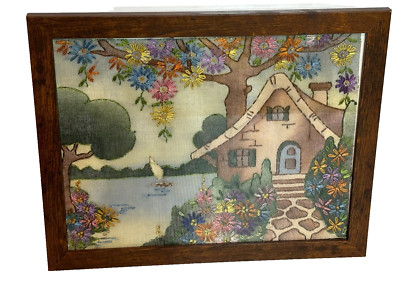 Vintage 60s MCM Framed Lake Cottage Tree Flower Rainbow Art Embroidery Mesh Silk