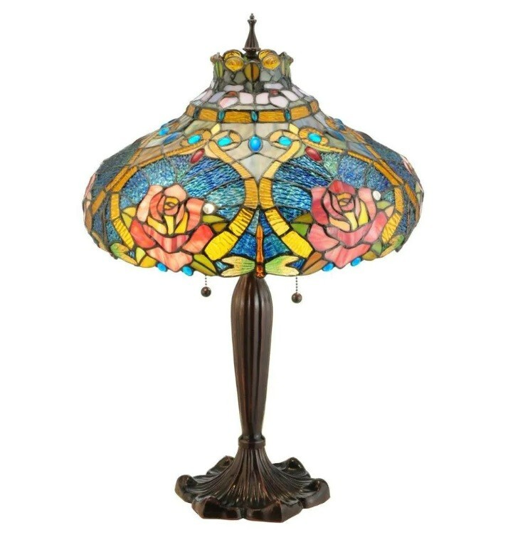 Tiffany Style Table Dragonfly Rose Floral Motif Light Old World