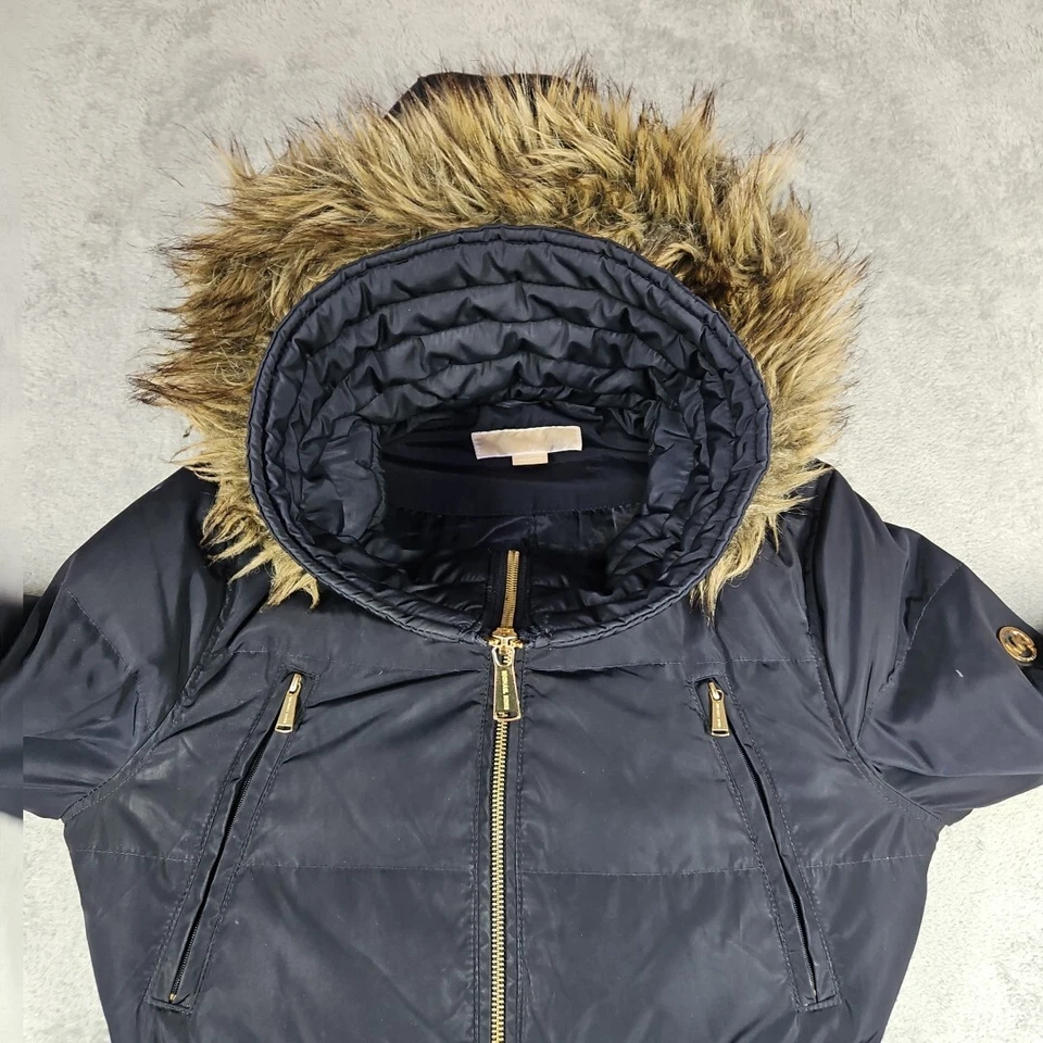 MICHAEL KORS женщина искусственного меха отделки капюшон вниз пуховик подпоясанный пальто парка Sz S Dk синий - Изображение 3 из 4