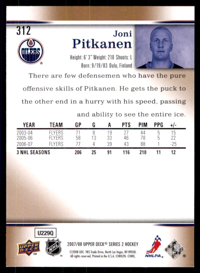 2007-08 Upper Deck Joni Pitkanen Edmonton Oilers #312 - Image 2 of 2