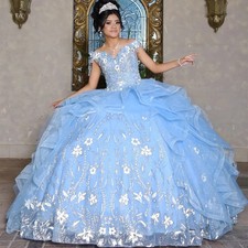 Sky Blue Quinceanera Dress Beaded Stickers 15 Party Birthday Ball Dress Custom