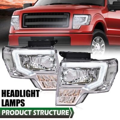 Fit For 09-14 Ford F150 F-150 Clear Chrome LED DRL Tube Headlights Headlamps