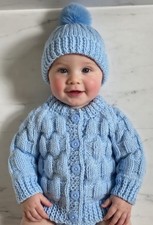 Hand Knitted Toddler Cardigan & Hat in Blue Chunky Wool To Fit Age 18-24 Months